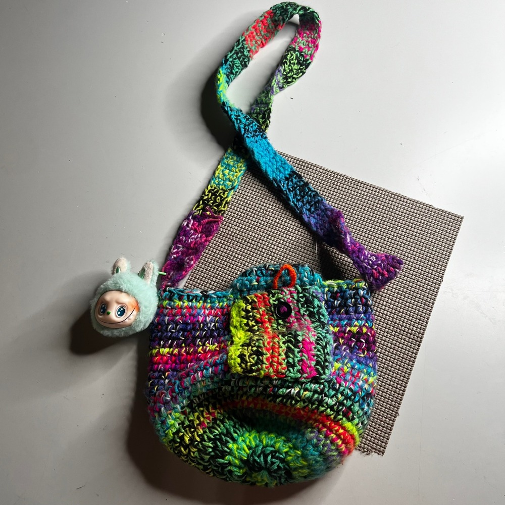 Handmade Crochet Crossbody Bag Multi Color Rainbow Boho Bucket Bag with Charm - Picture 1 of 7